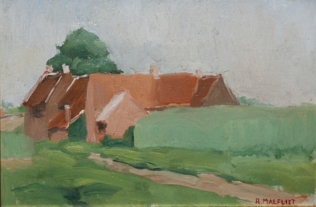 Romain Malfliet (1920-2006): Hoevezicht (49 x 37 cm), Ophalen of Verzenden