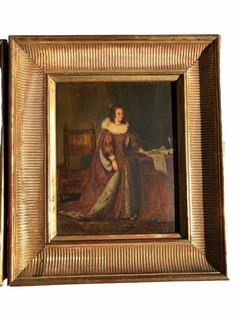 Tableau ancien-XIXème-reine de France-huile sur panneau, Antiquités & Art, Envoi