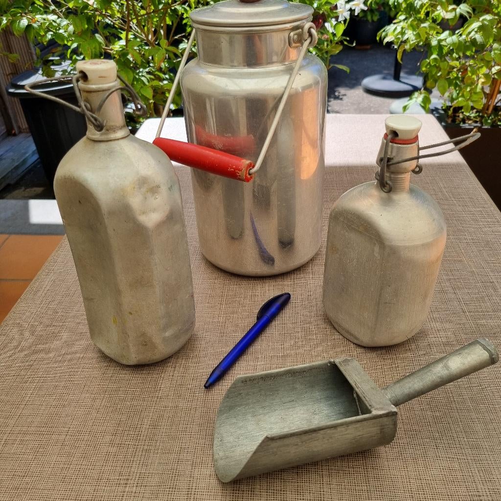 Oude tinnen drinkbussen, melkkan en schep, Antiek en Kunst, Ophalen of Verzenden