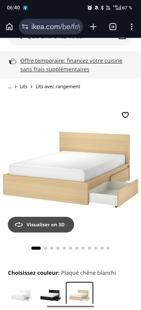 Lit Malm 140x200 + sommier+ matelas+ table de chevet, Maison & Meubles, Enlèvement
