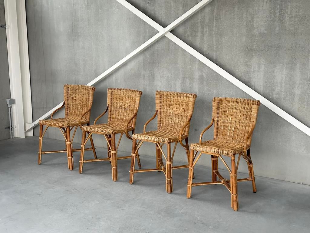 Vintage Rotan Eetkamerstoelen | Set van 4, Ophalen, Zo goed als nieuw, Vier