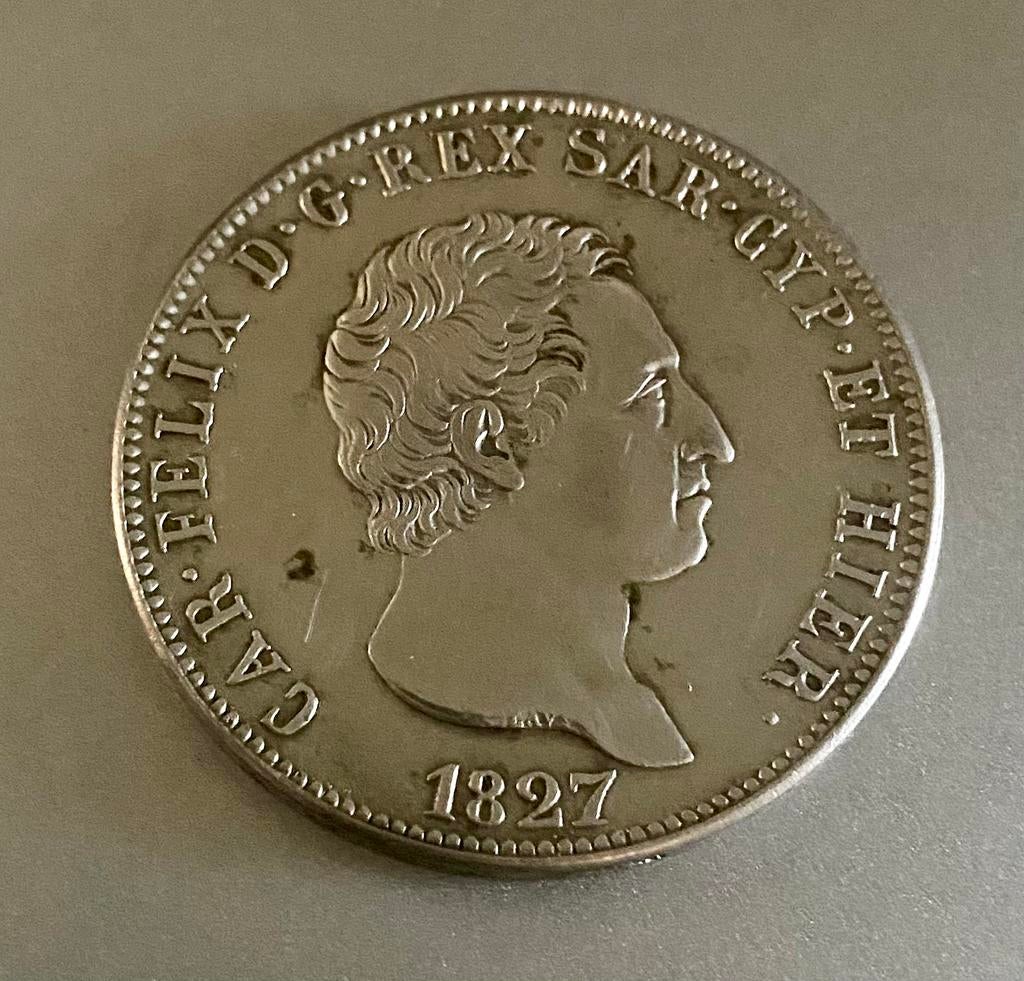 5 Lire 1827 Koninkrijk Sardinië, Ophalen of Verzenden, Italië, Losse munt, Zilver