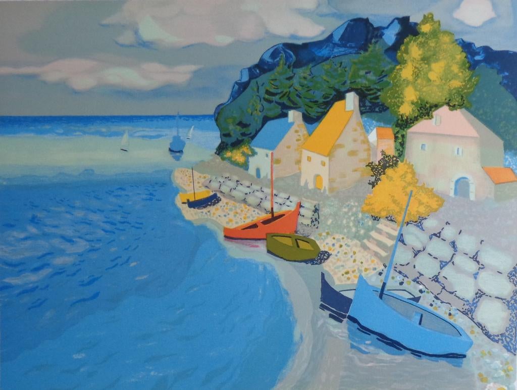 GEORGES LAMBERT / BARQUES DE PECHES / KLEURLITHO / 56x76cm, Antiquités & Art, Art | Lithographies & Sérigraphies, Enlèvement ou Envoi