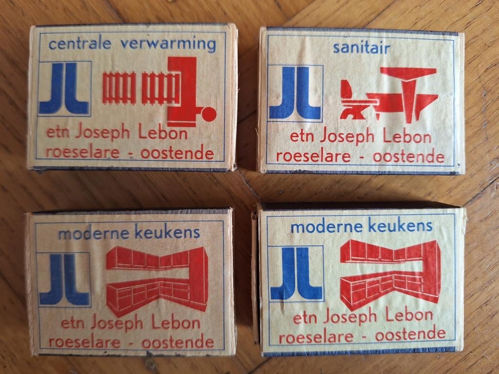 4x oude houten luciferdoosjes Lebon Roeselare Oostende, Verzamelen, Ophalen of Verzenden