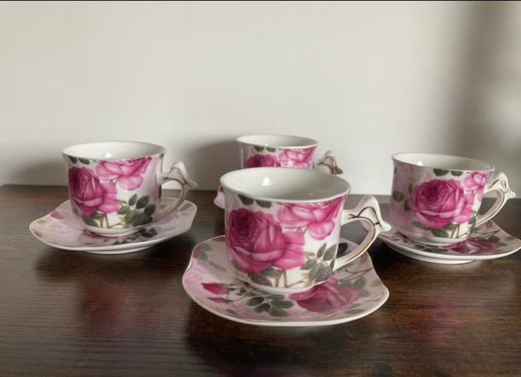 Set van 4 kopjes roze rozen Engels porselein, Antiek en Kunst, Ophalen of Verzenden