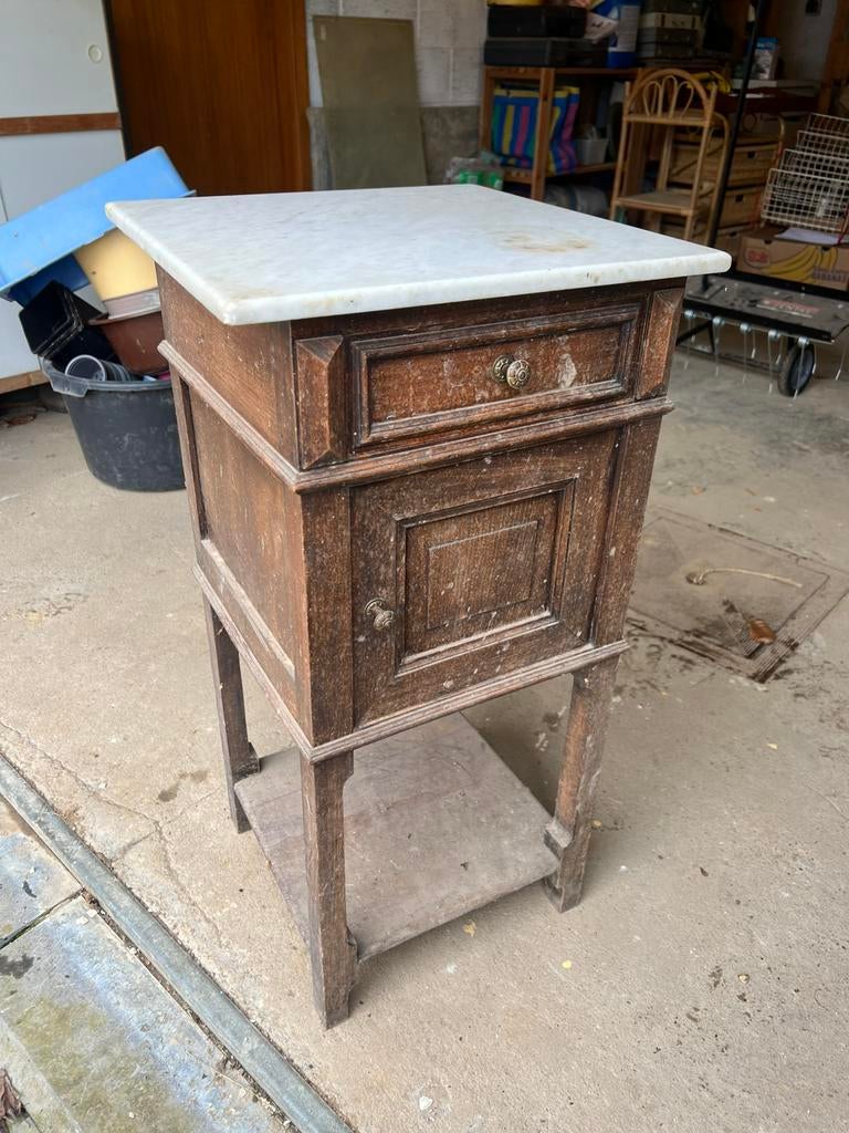 Table de chevet bois et plateau en marbre blanc, Enlèvement, Utilisé, Bois