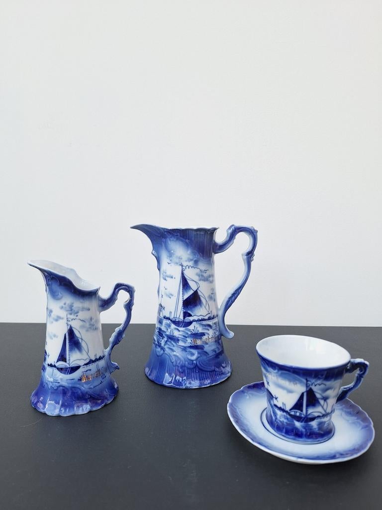 Antiek Delfts blauw serviessetje Mariakerke zeilboot, Antiek en Kunst, Ophalen of Verzenden