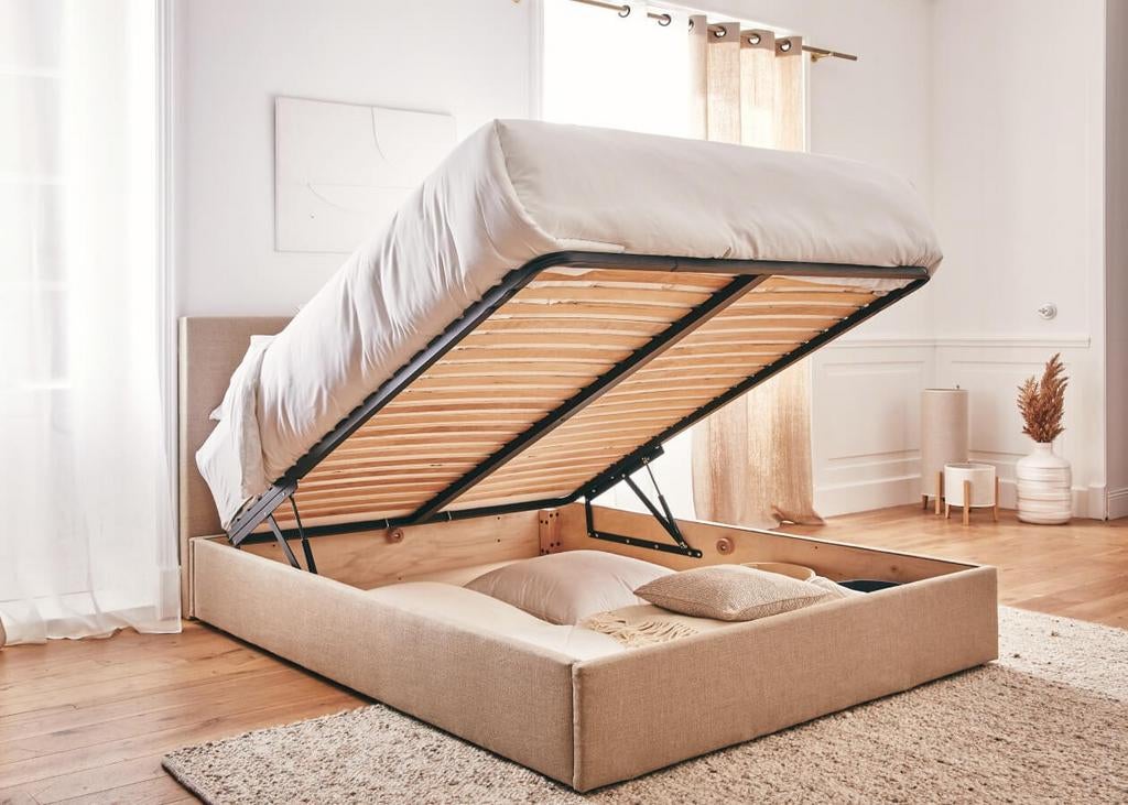 ️ Opbergbed in hout en linnen OTTO – Kipli (160x200), Zo goed als nieuw, Beige