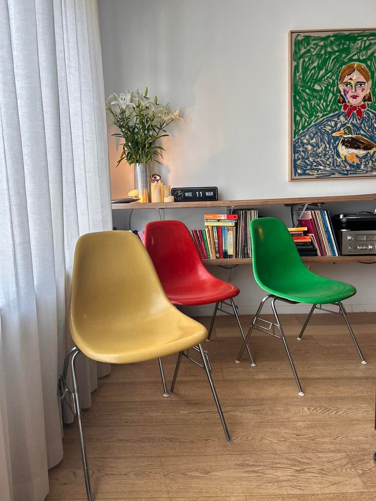 Set van 3 originele jaren 60 fiberglass Eames chairs DSS, Huis en Inrichting, Stoelen, Ophalen, Zo goed als nieuw