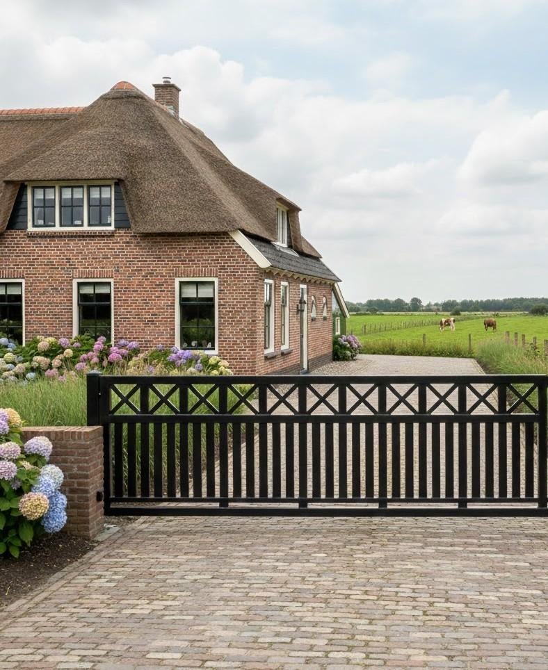 Nieuw model schuifpoort ´Woodlook´ 400x150cm zwart compleet!, Tuin en Terras, Tuinhekken en Hekwerk, Met poort, Nieuw, IJzer, Spijlenhekwerk