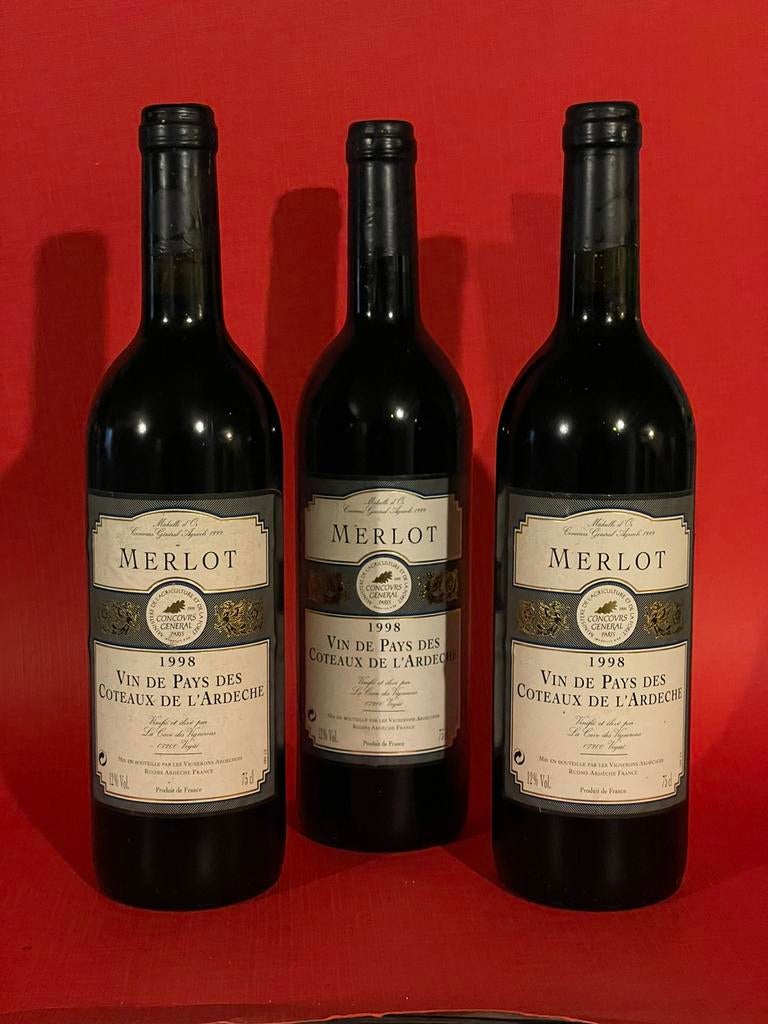 3x Merlot 1998 Ardèche – Vintage Franse wijn, Verzamelen, Ophalen of Verzenden, Zo goed als nieuw, Frankrijk