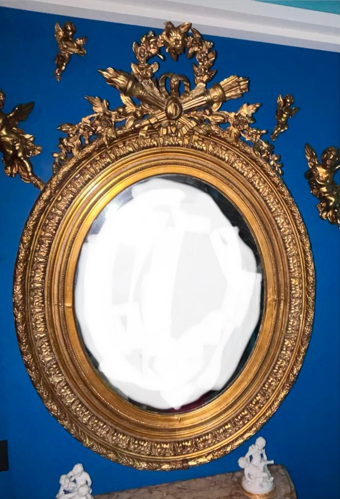 Grand miroir Napoléon III d’époque – Bois et stuc doré, Antiquités & Art, Enlèvement, Ovale