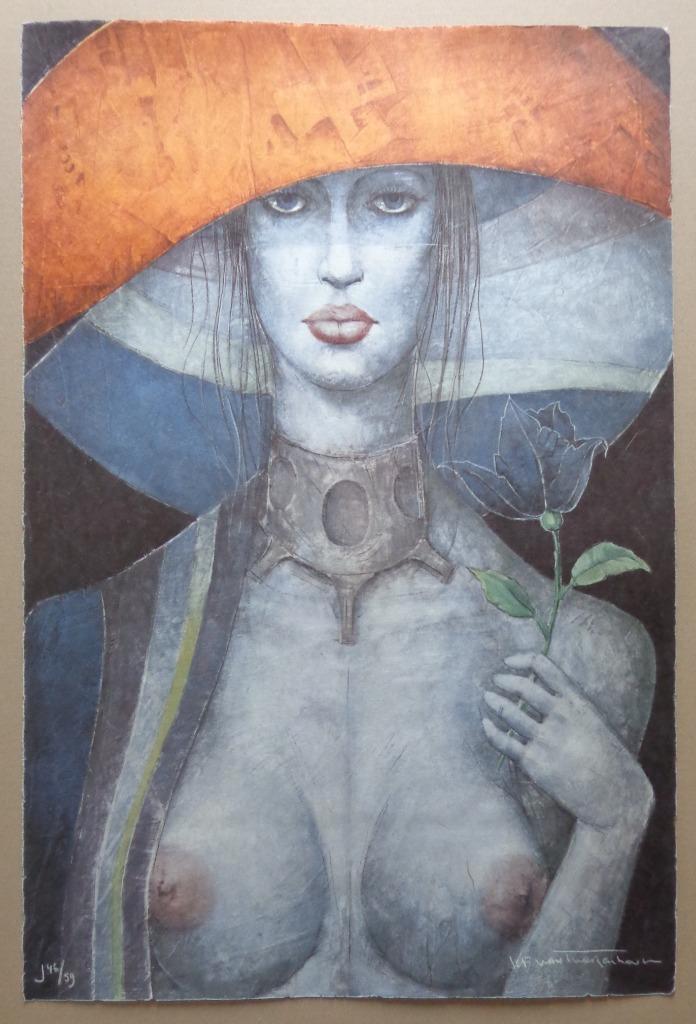 JEF VAN TUERENHOUT / KONINGIN MET HOED / ZEEFDRUK / 76x50cm, Antiek en Kunst, Kunst | Litho's en Zeefdrukken, Ophalen of Verzenden