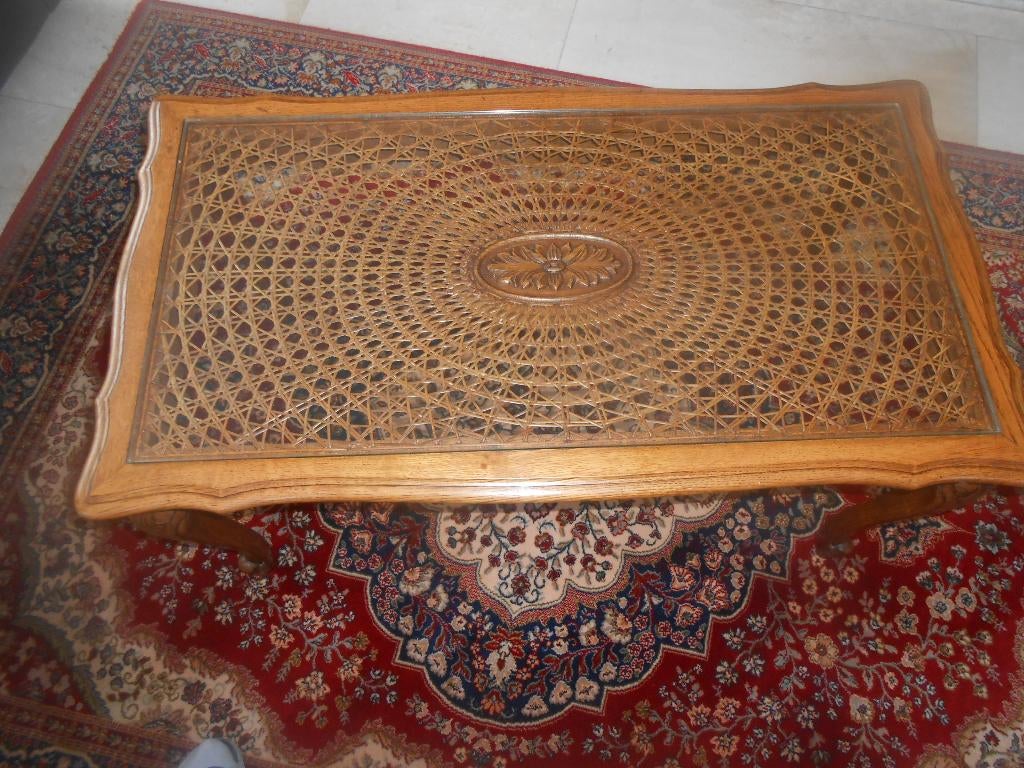 Antiek eiken salontafeltje met glazen blad, Ophalen, Zo goed als nieuw, Rechthoekig, Eikenhout