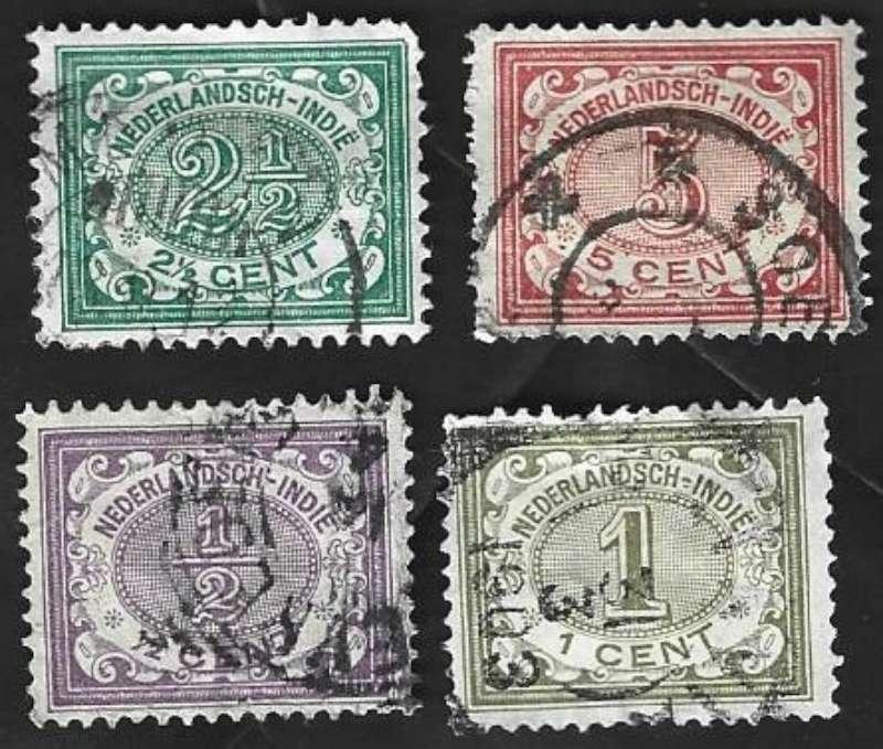 4 Zegels Nederlands-Indië 1902 Cijfer type 'Vürtheim', Ophalen of Verzenden, Gestempeld, Nederlands-Indië