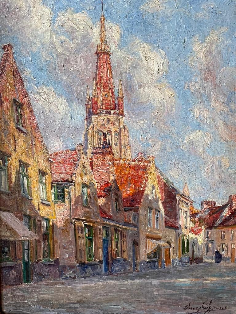 Omer Coppens - Paysage urbain ensoleillé, Antiquités & Art, Enlèvement