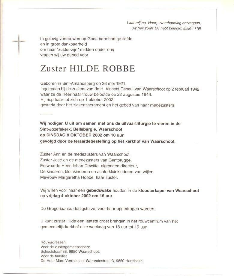 Doodsbrief Zuster H.  ROBBE Sint-Amandsberg Waarschoot 2002, Verzamelen, Verzenden, Rouwkaart