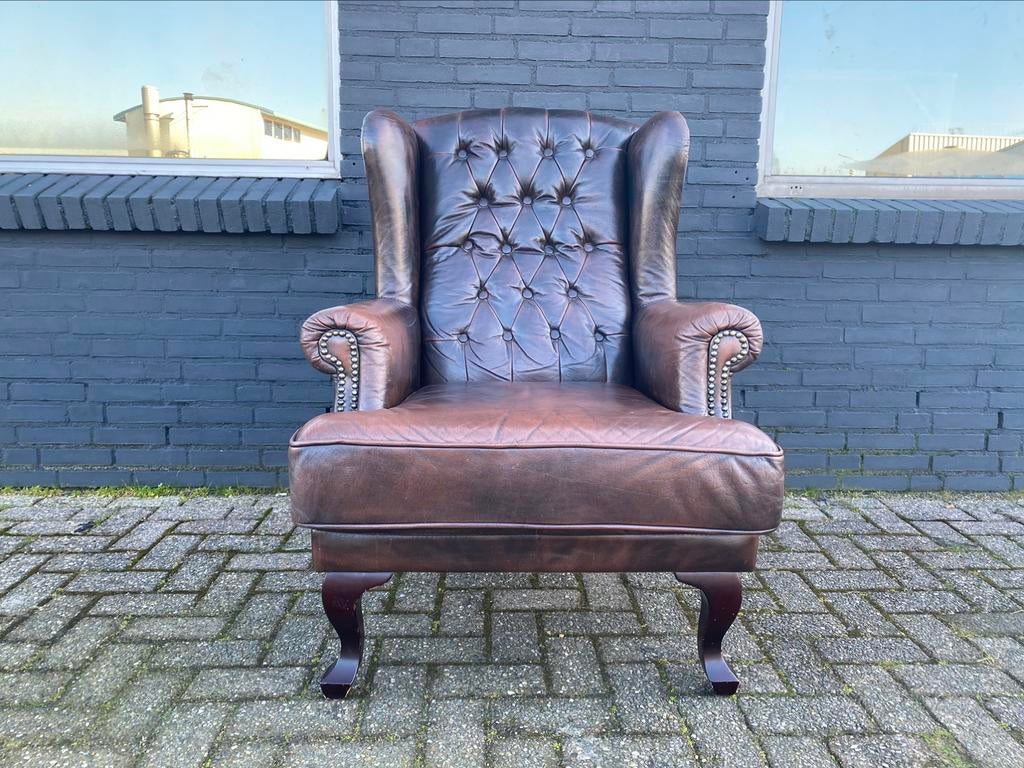 Stoere Chesterfield zetel bruin gevlamd, Antiek en Kunst, Ophalen of Verzenden