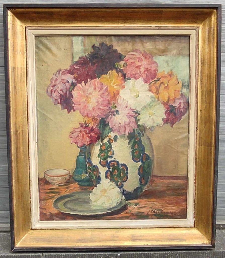 huile sur toile vase keramis fleuri signe emile thysebaert, Enlèvement ou Envoi
