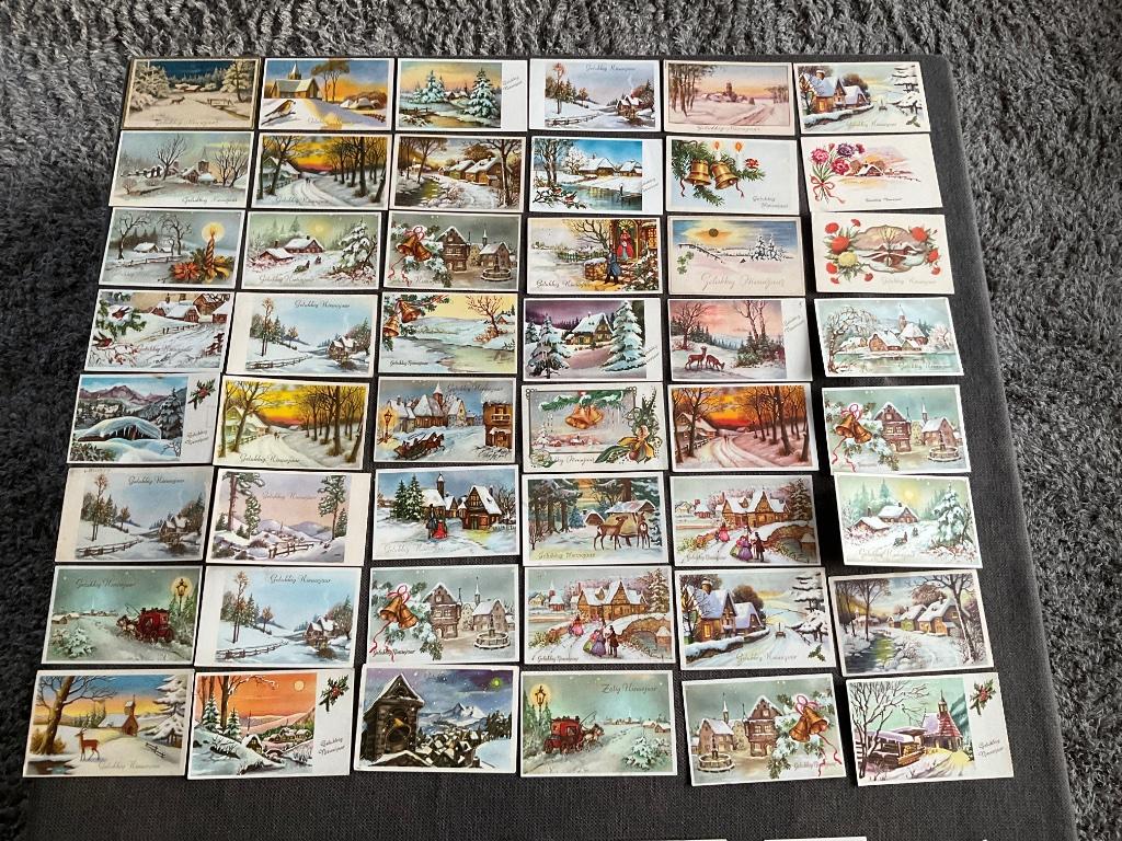 Gelukkig nieuwjaar oude wenskaarten, jaren 50-60, gelopen, Ophalen