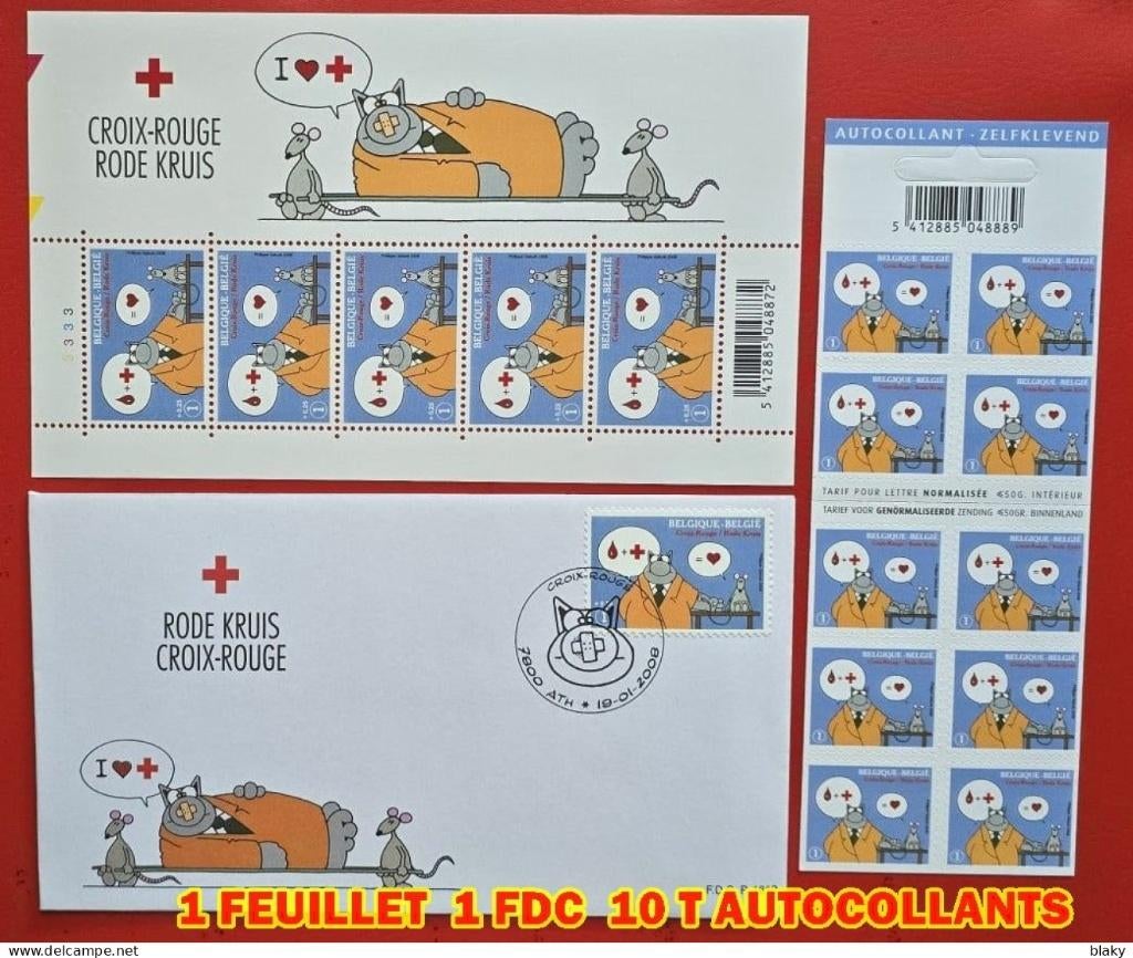 2008 THE CAT 1 VEL 1 FDC 10 T STICKERS ROOD KRUIS, Ophalen of Verzenden