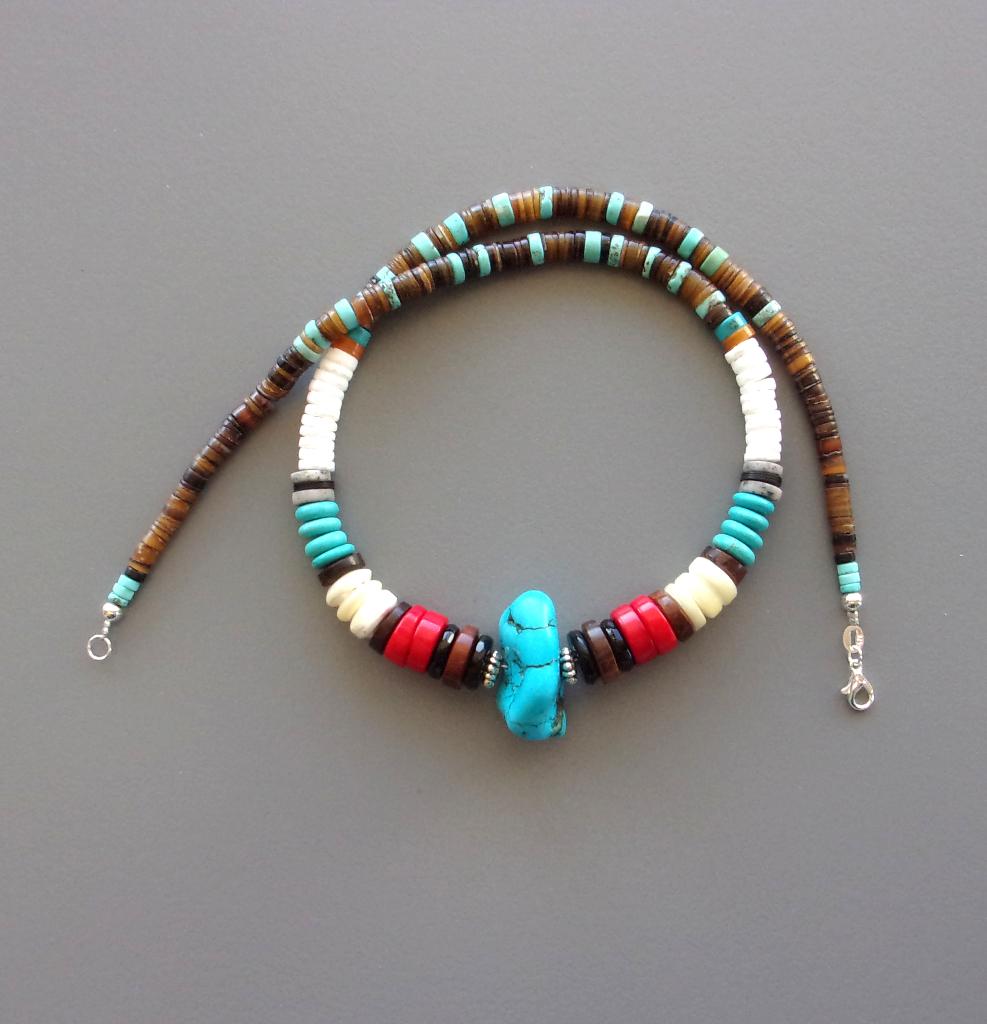 Collier surfeur amérindien pépite de turquoise et corail, Bijoux, Sacs & Beauté, Colliers, Neuf, Pierre ou Minéral, Bleu, Avec pierre précieuse