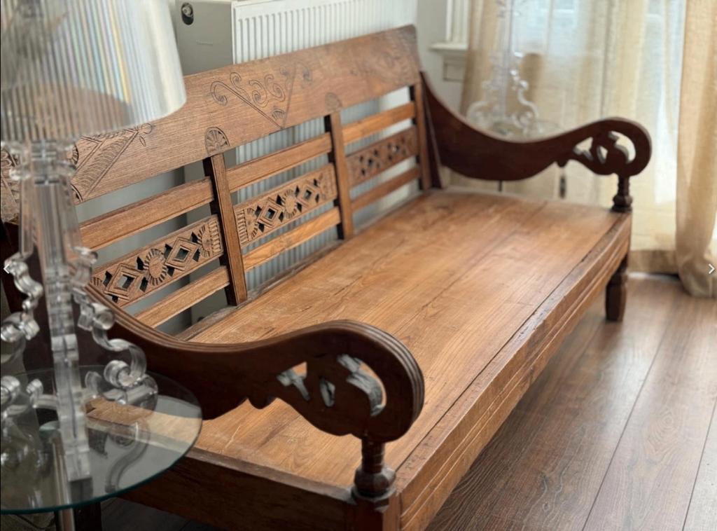 Antieke Birmaanse teak bank, Tuin en Terras, Tuinbanken, Ophalen of Verzenden, Zo goed als nieuw