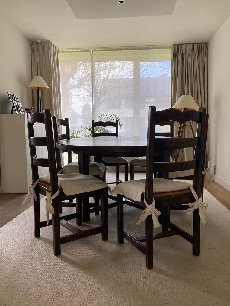 🇧🇪 Eiken tafel 120 of 160 of 200 cm en 6 stoelen, Ophalen, Gebruikt, Rond de tafel tijdloos, moderne massief eik, 6 tot 8 stoelen