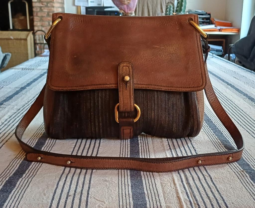 1 x  Delvaux fichu en toile sac à bandoulière de cuir marron, Enlèvement, Utilisé, Brun, Sac à main