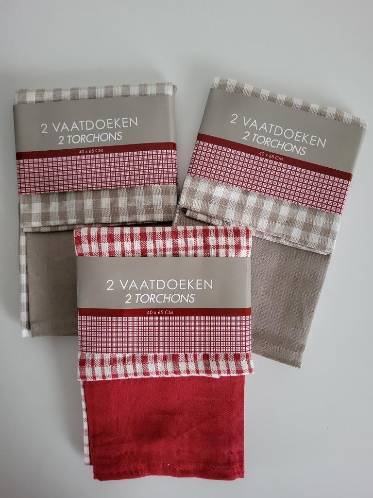 3 x 2 keukenhanddoeken vaatdoeken 40x65 cm rood taupe geruit, Maison & Meubles, Cuisine | Linge de cuisine, Enlèvement ou Envoi