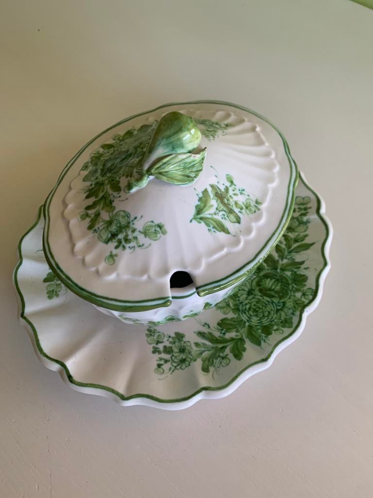 Saucière (3 pcs) dessin vert, Antiquités & Art, Antiquités | Porcelaine, Enlèvement