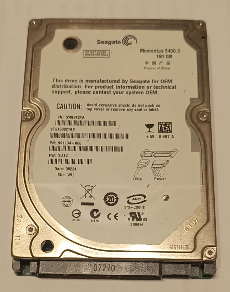 Seagate 160GB Momentus 5400.3 2.5 Laptop HDD, Computers en Software, Harde schijven, Ophalen of Verzenden, Gebruikt, Laptop, HDD