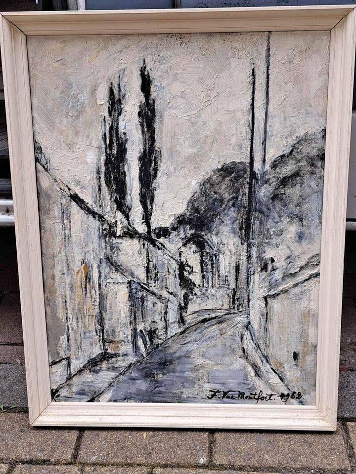 Huile sur toile rue jean cocteau signe franz van montfort, Antiquités & Art, Enlèvement ou Envoi