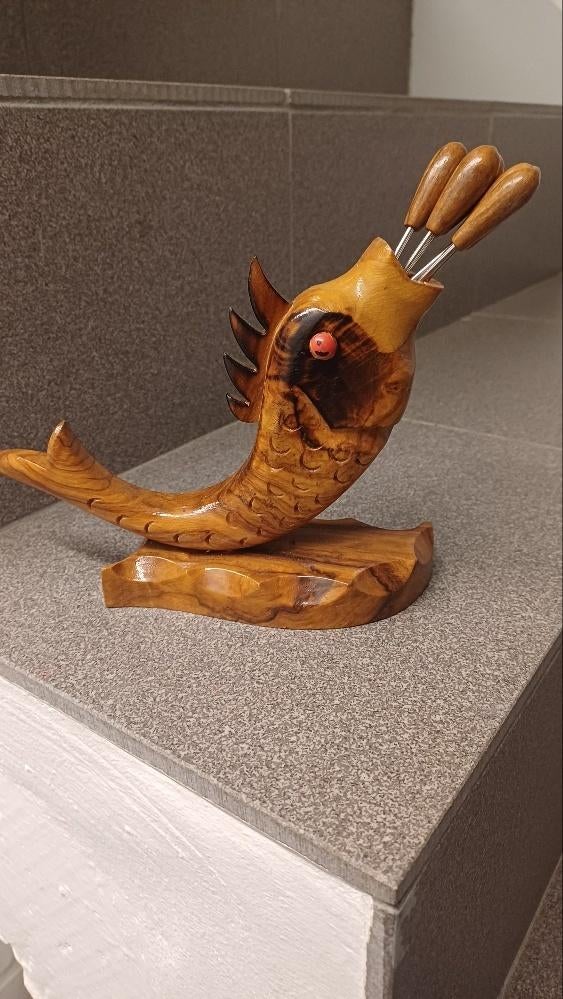 fourchettes à apéritif avec support en forme de poisson, Enlèvement ou Envoi, Comme neuf, Bois, Ensemble de couverts