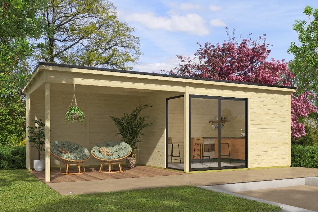 Blokhut met overkapping Olivia 385x295 + Aanbouw, Verzenden, Nieuw