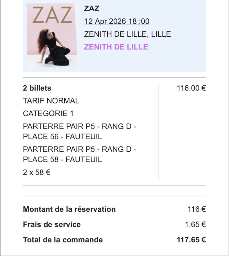 Concert Zaz 12/4 in Rijsel (2personen), Tickets en Kaartjes, Twee personen, April