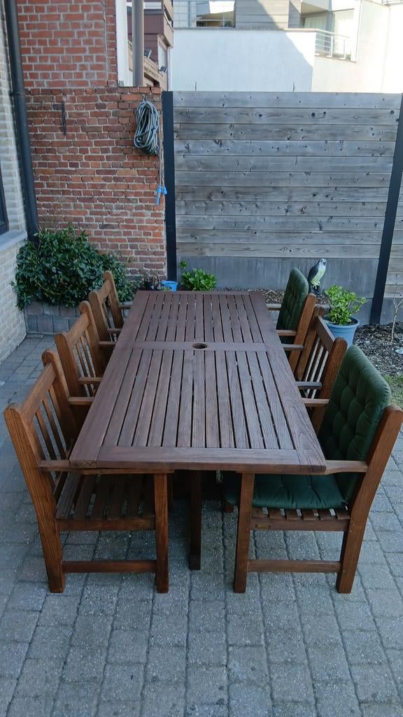 Teak tuinstel 6 stoelen en kussens zomerklaar gemaakt, Tuin en Terras, Tuinsets en Loungesets, Stoel, Ophalen