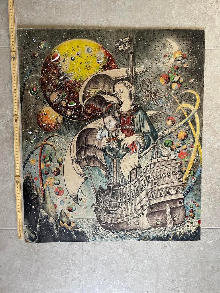 Groot surrealistisch kunstwerk schip & kosmos, Antiek en Kunst, Ophalen of Verzenden