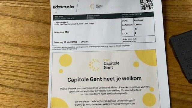 2 tickets voor muscical MAMMA MIA, Tickets en Kaartjes, Twee personen, April