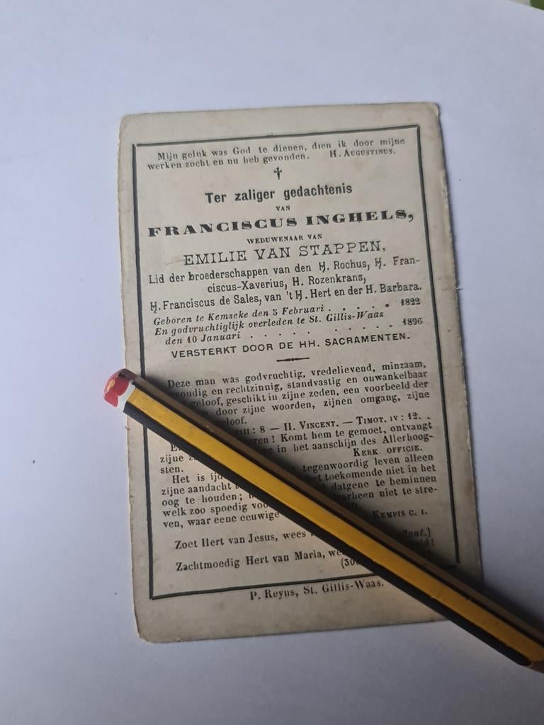 Oud bidprentje Franciscus Inghels 1822-1896, Verzamelen, Ophalen of Verzenden, Bidprentje