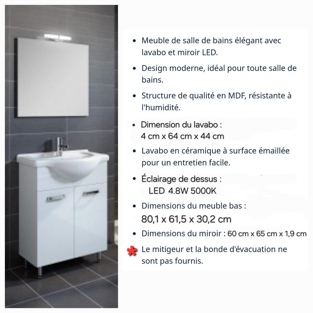 Meuble salle de bain 64cm avec miroir et led, Enlèvement, Comme neuf