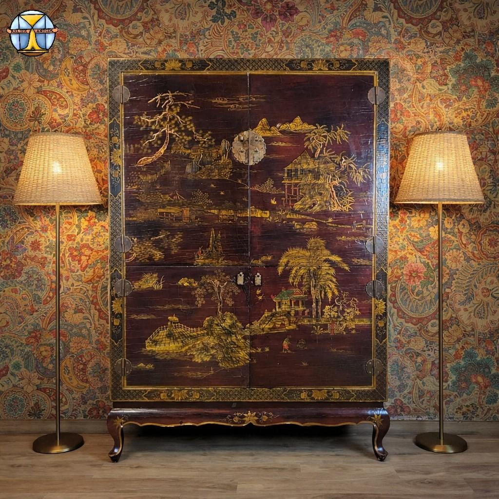 Vintage Chinese kast (rood/goud) traditioneel tafereel boho, Ophalen of Verzenden