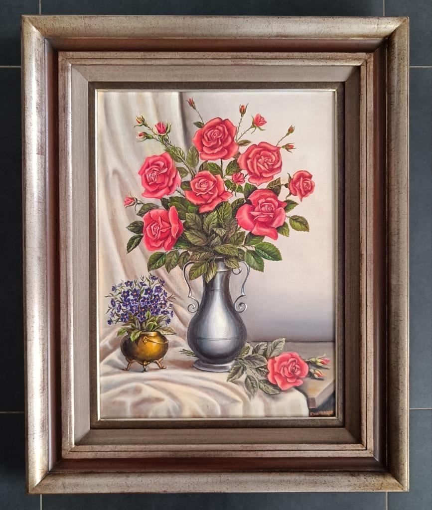 Bloemen in vaas schilderij F. van Vlodrob., Antiek en Kunst, Ophalen of Verzenden