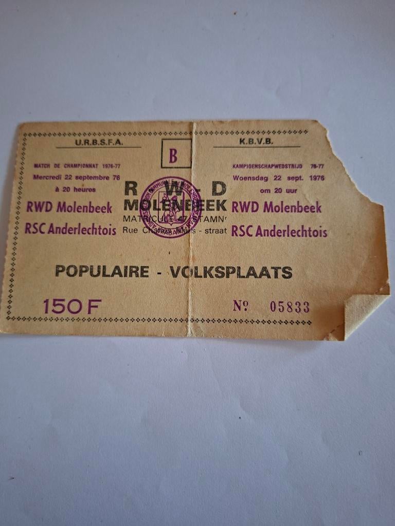 Ticket RWD MOLENBEEK -RSC ANDERLECHT 1976, Ophalen of Verzenden