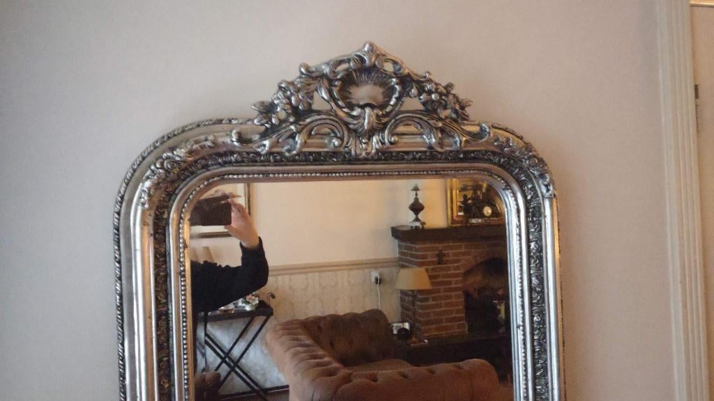 Zeldzame"Louis Philippe"Zware Kuifspiegel Zilver/Zwart156x88, Ophalen, Zo goed als nieuw, 75 tot 100 cm, Overige vormen