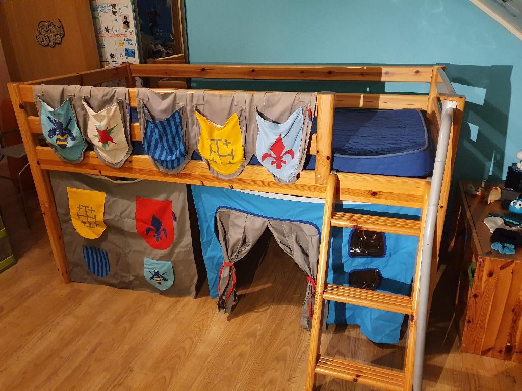 Lit modulaire pour enfant -  FLEXA, Maison & Meubles, 90 cm, Enfant avec décoration cabane chevaliers, Une personne, Brun