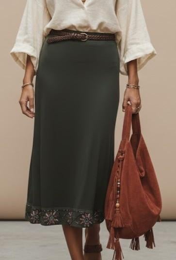 lange leger groene rok van schumacher, Maat 38/40 (M), Ophalen of Verzenden, Zo goed als nieuw, Onder de knie