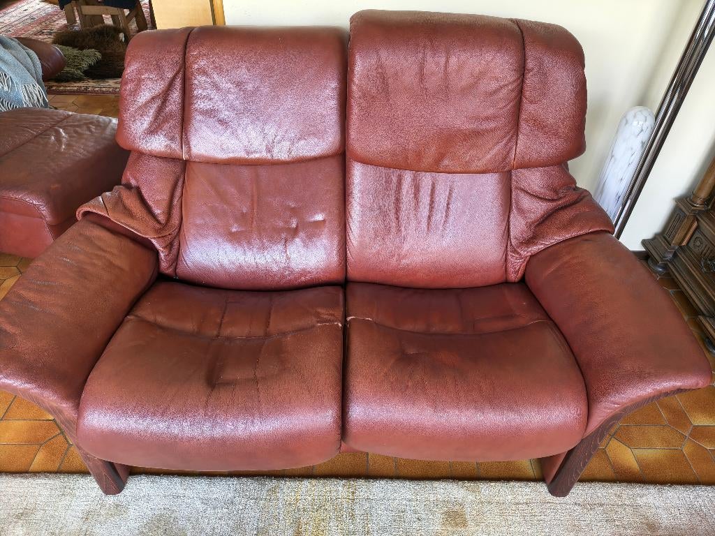 Stressles tweezit in leder met grote poef, Ophalen, Gebruikt, Minder dan 75 cm, 150 tot 200 cm