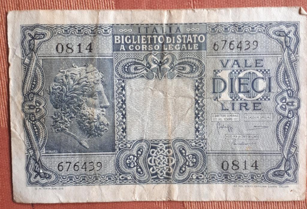 ITALIE. 10 LIRE 1944 Pick 32 XF 9/5,5 cm, Envoi, Italie, Billets en vrac