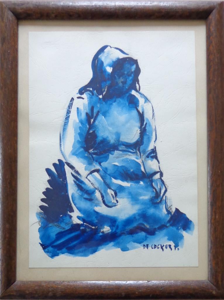 DE COCKER / ZITTENDE VROUW / ORIGINEEL / 37x28cm / KADER SIG, Antiquités & Art, Enlèvement ou Envoi